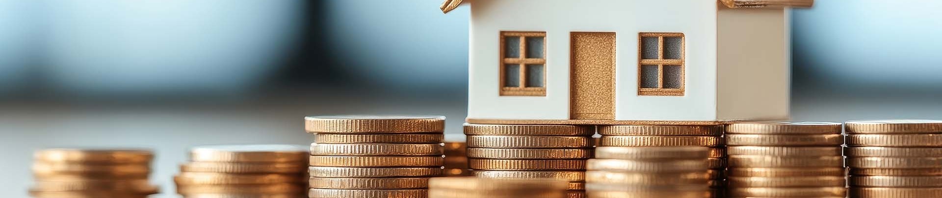 Stapels met munten waarop een huis staat