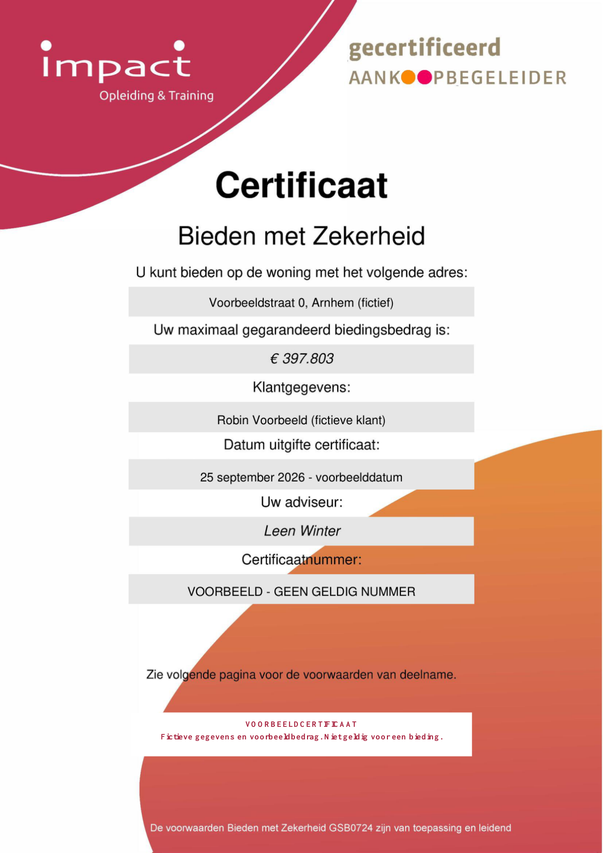 Voorbeeldcertificaat Bieden met Zekerheid met fictieve klant en adres in Arnhem